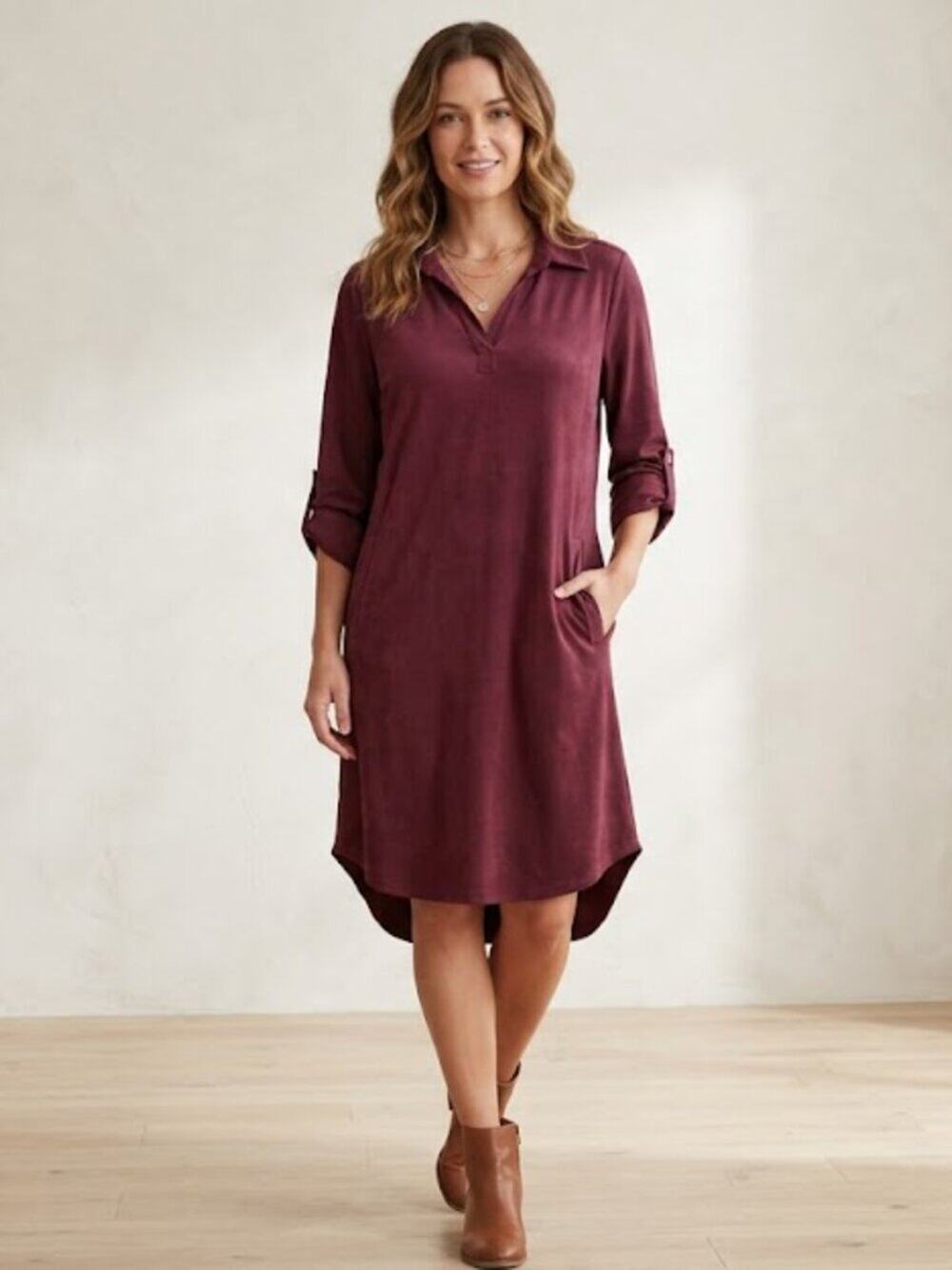As U Wish Burgundy Collared Dress with Pockets Size L - Soft Velvety Feel